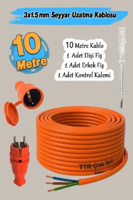 Badem10 Seyyar (10 Metre) Uzatma Kablosu TTR CCA Telli 3x1.5 mm Elektrik Kablo Kontrol Kalem Dişi Erkek Fiş