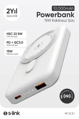 S-LINK M1031 10000mAh Magsafe 15W HSC22.5W+PD20W+QC3.0 Beyaz Taşınabilir Şarj Cihazı Powerbank