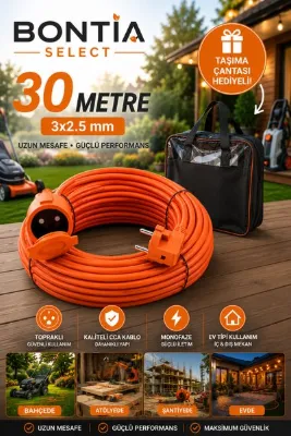 Bontia 30 Metre Uzatma Kablosu 3x2.5 mm Topraklı CCA Kablolu Tekli Grup Priz Kapaklı Monofaze Ev Tipi Uzatma Kablosu Taşıma Çantalı