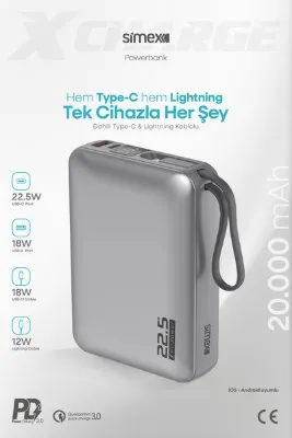 Simex 20.000 mAh 22.5W Hızlı Şarj PD Powerbank Kendinden Kablolu ve Dijital Göstergeli Taşınabilir Cihazı