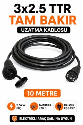 Aryes Tam Bakır 10 Metre Uzatma Kablosu 3x2.5 TTR Schneider Kauçuk Fişli Topraklı 3.5kW