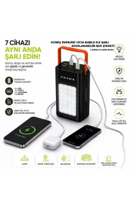 alpotekno 50000mAh LED Kamp Lambalı Powerbank 7 Cihaz Aynı Anda Şarj Type-C Lightning USB Hızlı Şarj