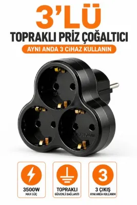 Alıç 3'lü Topraklı Priz Çoğaltıcı 3500W Max Güç Schuko Fişli Çoklayıcı Ev Ofis Mutfak Atölye İçin Siyah