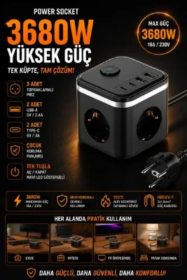 Kılıforyum PS-7 3'lü Akım Korumalı Priz 3680W 2 USB + 2 Type-C Çıkışlı Topraklamalı Çoklu Priz