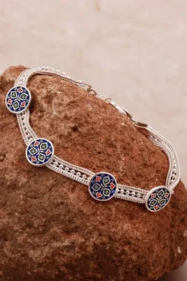 Sümer Telkari Anadolu Motifli Mineli Hasır Elişi Tasarım Gümüş Bileklik 4344