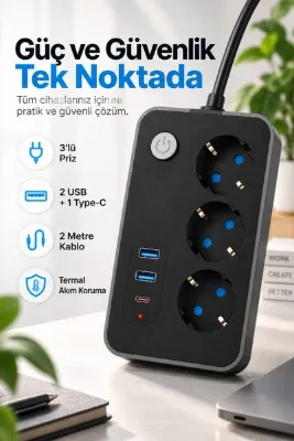 ROBEVE Blic 3’lü Termal Akım Korumalı Uzatma Prizi – 2 Metre Kablolu, 2 USB + 1 Type-C Hızlı Şarj, Çocuk Korumalı, Aç/Kapa Anahtarlı Çoklu Priz Grup Priz Grup Uzatma Prizi 3'lü Priz