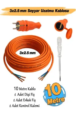 Badem10 Uzatma Kablosu Seyyar 10 Metre TTR CCA Telli 3x2.5 mm Elektrik Kablo Kontrol Kalem Dişi Erkek Fiş