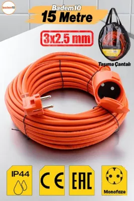 Badem10 Uzatma Kablosu 15 Metre 3x2.5 Mm Ev Tipi Topraklı Cca Kablolu Tekli Grup Fiş Priz Kapaklı Monofaze