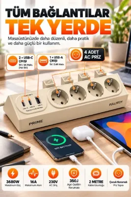 Merwish 4'lü Akım Korumalı Priz 350J – 3680W 16A, 2 USB-C 1 USB-A Çıkışlı, 15W USB Şarj, Fiş Çıkarma Mekanizmalı, 2 Metre Kablolu Çoklu Priz