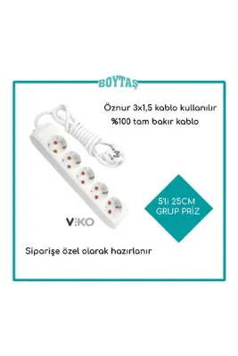 VİKO 25 Cm 5 Li Uzatma Kablosu / Viko Grup Priz / Öznur 3*1.5 Kablo Kullanılır