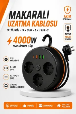 Montbell Makaralı Uzatma Kablosu 3'lü Topraklı Priz 3 USB Type-C Girişli 2 Metre Akım Korumalı
