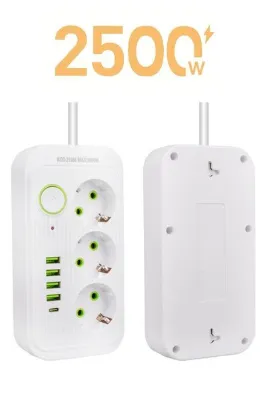 TECHNOMEN Akım Korumalı 3 Lü Priz Usb Şarj Aleti 2500 Watt Beyaz