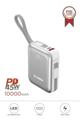 Torima Powerbank 10000 Mah Type-C Lightning Hızlı Şarj Dijital Göstergeli 45W TRM-1018 Beyaz