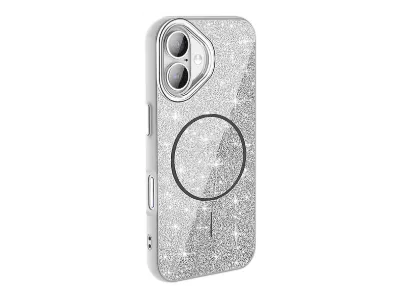 LOPARD iPhone 16 Plus Uyumlu Magsafe Şarj Özellikli Parlayan Simli Okso Kapak Telefon Kılıfı Beyaz