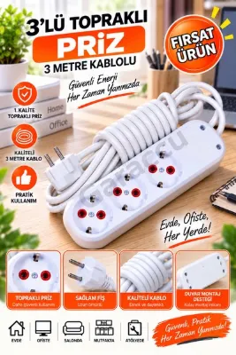 garaccu 3'lü Topraklı Priz 3 Metre Uzatma Kablolu Seyyar Üçlü Grup Priz, Çoklu Priz, 3 Lü Priz