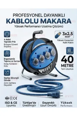 ÜMİTAVM Seyyar Kablo Makarası 3x2.5 mm 40 Metre 4'lü Topraklı Priz Uzatma Kablosu