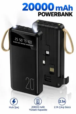 Abbruch 20000 mAh Powerbank Dahili Kablolu Hızlı Şarj Taşınabilir Şarj Cihazı LED Fenerli Dijital Göstergeli