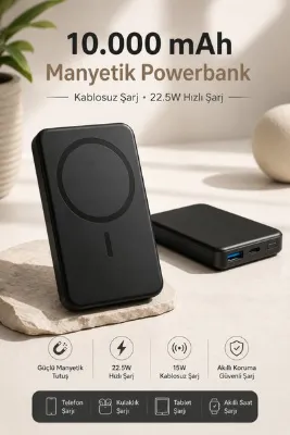Cepsuar Siyah 10.000 mAh MagSafe Manyetik Powerbank 22.5W Hızlı Şarj 15W Kablosuz Şarj Type-C USB