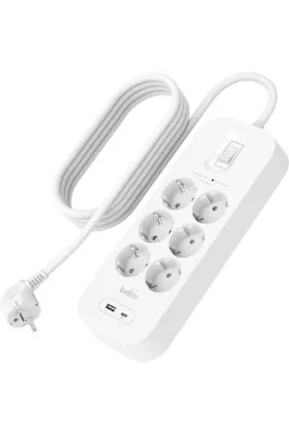 Belkin 6'lı Yüksek Gerilim Korumalı Çoklu Priz, Hızlı şarj için USB-C ve USB-A bağlantısı