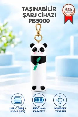 Torima Mini Powerbank 5000 Mah Panda Tasarımlı Anahtarlıklı Taşınabilir Şarj Cihazı PB5000 Siyah Beyaz