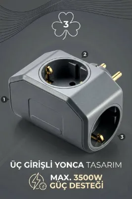 Aryes Estetik Yonca Tasarım Üçlü Fiş Çoklayıcı Priz Golyat - 3500 Watt Güçlü