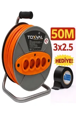 TOXVAL 3 X 2,5 50 m Sertifikalı Makaralı Seyyar Uzatma Kablosu 4 Prizli ( Dörtlü )