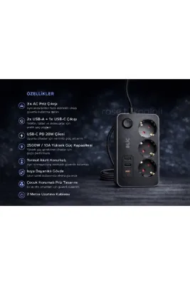 ROSE TEKNOLOJİ TERMAL AKIM KORUMALI 3 PRİZ 2 USB 1 TYPEC GİRİŞLİ 2M UZATMA KABLOLU PRİZ