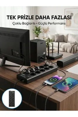 10 Prizli USB Destekli Çoklu Priz Type-C Şarj Girişli Güvenli Güç Ünitesi