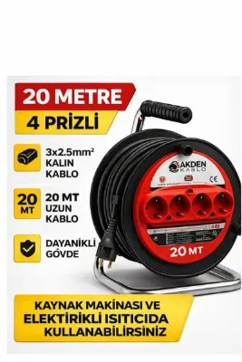 AKDEN Kablo 20 Metre 3x2,5mm Makaralı Uzatma Kablosu Tam Kesit Kaynak Makinası Kullanıma Uygundur
