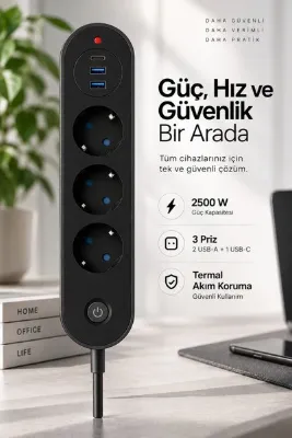 ROBEVE Blic Termal Akım Korumalı 3’lü Priz 2500W – 1 USB-C + 2 USB-A Hızlı Şarj Girişli Çoklu Priz – Aşırı Akım, Isınma ve Kısa Devre Korumalı Aç/Kapa Anahtarlı Siyah Uzatma Prizi Grup Priz