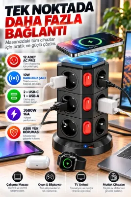 Merwish 12’li Kule Priz 3680W 16A, 10W Kablosuz Şarj, 2 USB-C + 1 USB-A, 3 Bağımsız Anahtarlı, 2 Metre Kablolu Akım Korumalı Çoklu Priz FTR-15