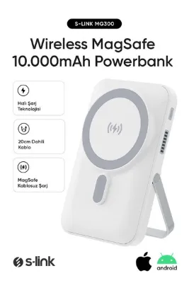 S-LINK MG300 10000mAh PD20W Magsafe 15W Kablosuz Type-C Beyaz Taşınabilir Metal Şarj Cihazı Powerban