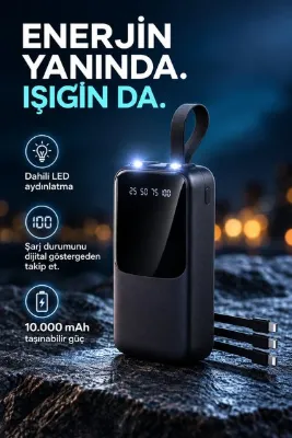 ABRAXTECH Dahili Kablolu 10.000 mAh Powerbank – 22,5W Hızlı Şarj, Dijital Göstergeli, Type‑C / Lightning / Micro USB