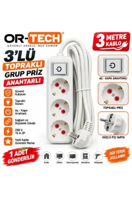 OR-TECH 3 ÜÇLÜ TOPRAKLI GRUP PRİZ ANAHTARLI 3 METRE SEYYAR 250 V 16 A 2P (1ADET GÖNDERİLİR)