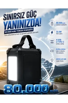 MATECHNO 80.000 mAh Powerbank 22.5W Hızlı Şarj 4 USB + 2 Type-C Çıkışlı Dahili Kablolu Dijital Göstergeli Taşıma Kulplu Taşınabilir Şarj Cihazı Powerbank Güç Bankası