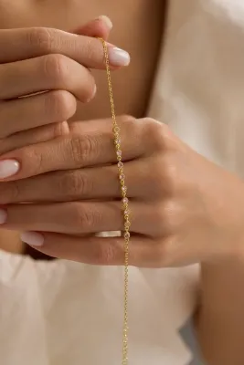 Nereze 925 Ayar Gümüş Gold Kaplama Minik Sıralı Pembe Zirkon Taşlı Bileklik
