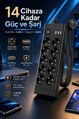 The Wlue 10'lu Akım Korumalı Priz | 3680 Watt Koruma | 16A | 3 USB + 1 Type-C | Anahtarlı | 2 Metre
