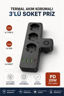 Montbell Akım Korumalı 3'lü Priz Çoklayıcı PD 20W Type-C 3 USB Hızlı Şarjlı Çoklu Priz