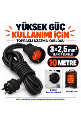 UFO 3x2,5 mm² Bakır Kablolu Topraklı Tekli Seyyar Uzatma kablosu 10 metre Siyah (Güçlü cihazlar için özel yapım )