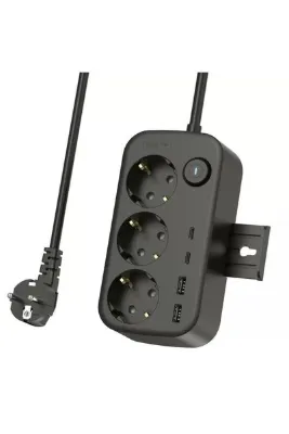 asua Isı Dayanıklı Duvar Askılı Telefon Tutucu 3'lü Priz 2xUSB 2xType-C Çıkış Anahtarlı Priz Uzatma Kablo