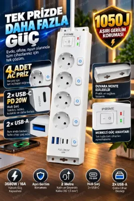 Kılıforyum FTR-33 Akım Korumalı Çoklu Priz 4’lü 2 USB-C 2 USB-A PD 20W 1050J 3680W 2 Metre Kablo