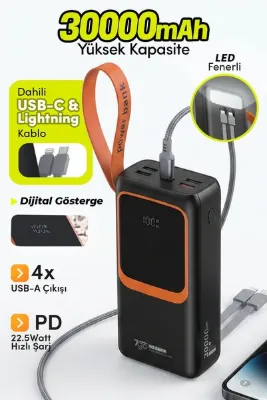7GO GPW-08 30000mAh PD22.5W Hızlı Şarj Powerbank | 4 USB Çıkışlı, Dahili Type-C & Lightning Kablolu,