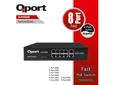 QPORT Q-PoE8M 8 Port 10/100 + 2 Port 10/100/1000 Uplink PoE Switch Siyah