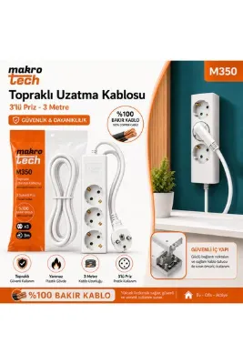makro tech 3'lü 3 Metre BAKIR Kablolu Topraklı Grup Priz