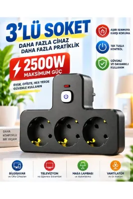 MATECHNO 3'lü Termal Akım Korumalı Topraklı Bakır İletken Çoklu Priz 2500W Açma/Kapama Anahtarlı Alev Yüksek Isıya Dayanıklı Grup Priz Uzatma