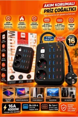 ZEYar Teknoloji Hi-Link Termal Akım Korumalı Çoklu Priz 2 Metre - 2 Priz, 8 USB, 8 Type-C 4000W 16A