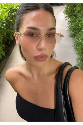 Sun Pearl Diana Kadın Gold Çerçevesiz Dikdörtgen Güneş Gözlüğü Nude Kahverengi Cam UV400 Zarif Şık Retro Vintage Tasarım Aksesuar