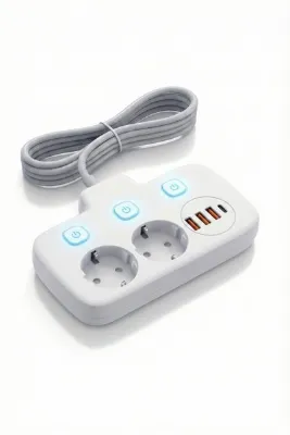 CALIBURN Akım Korumalı 3'lü Priz 4 USB (1x Type-C PD) Hızlı Şarj Anahtarlı Uzatma Kablosu 2M Beyaz