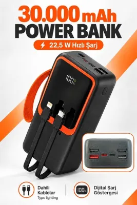 kawigo 30.000 mAh Powerbank 22.5W Hızlı Şarj Dahili Type-C Lightning Kablolu Dijital Göstergeli