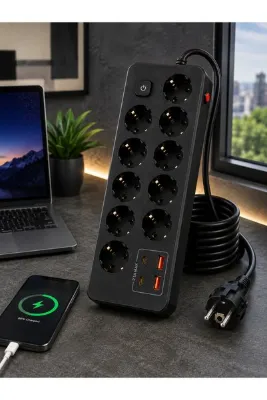 MEGAMUS PRO-EU04 10’li Akım Korumalı Çoklu Priz – 2 USB-C + 2 USB-A | 2500W 10A | 2 Metre Kablolu